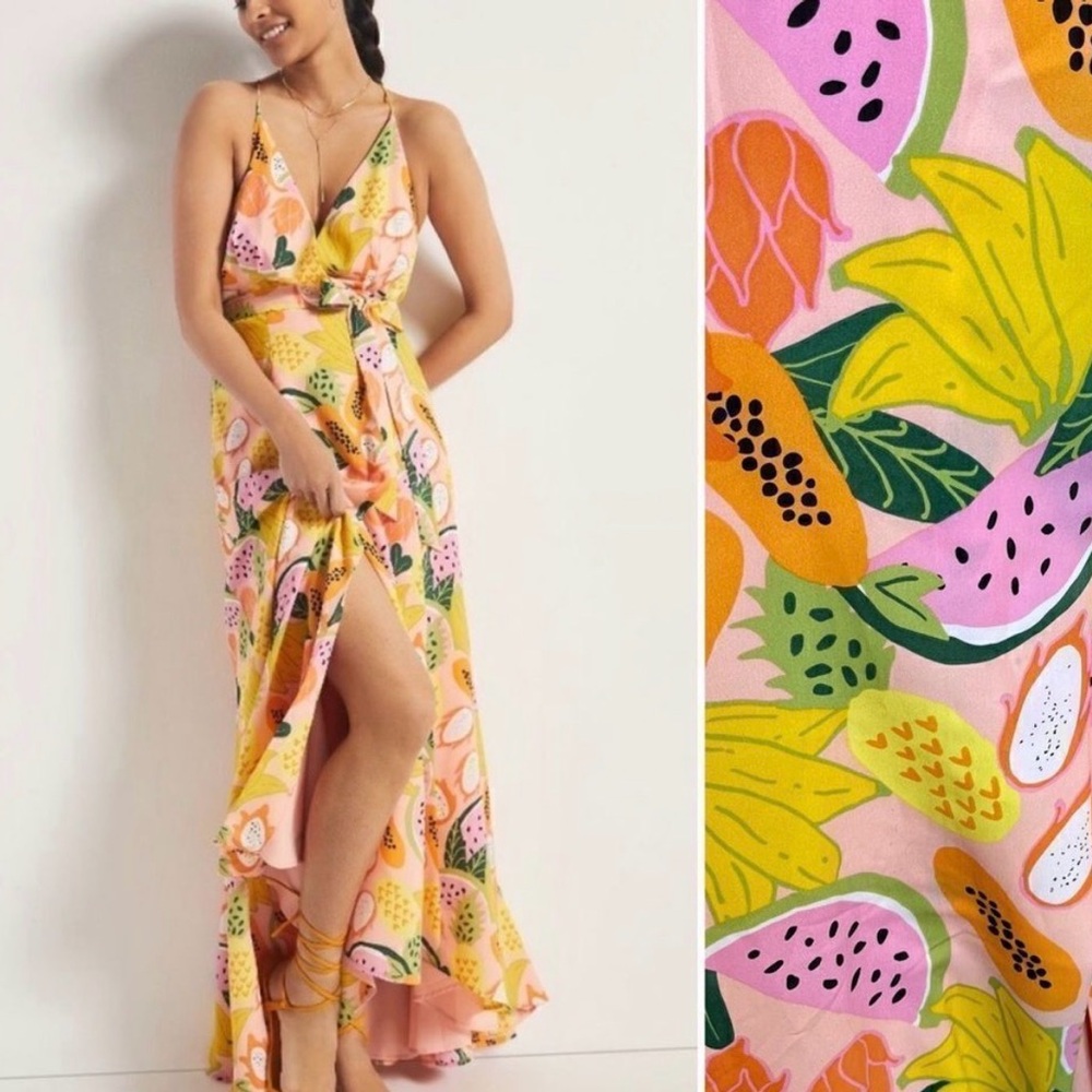 Hutch Anthropologie Wrap Tropical Fruit Maxi Dress